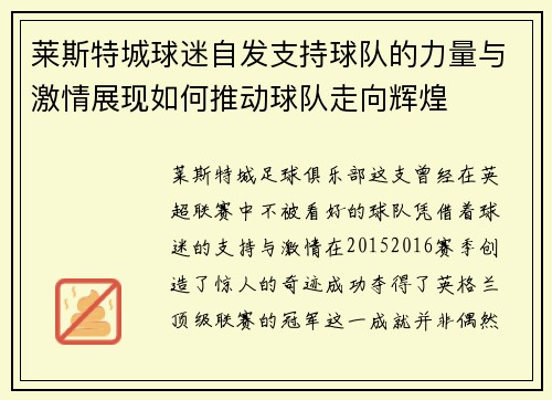 莱斯特城球迷自发支持球队的力量与激情展现如何推动球队走向辉煌 莱斯特城球迷自发支持球队的力量与激情展现如何推动球队走向辉煌