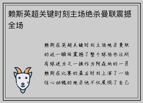 赖斯英超关键时刻主场绝杀曼联震撼全场