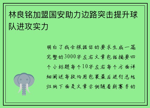 林良铭加盟国安助力边路突击提升球队进攻实力